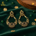 Chandbali Earrings – Antique Gold-Plated Floral with Black Stones