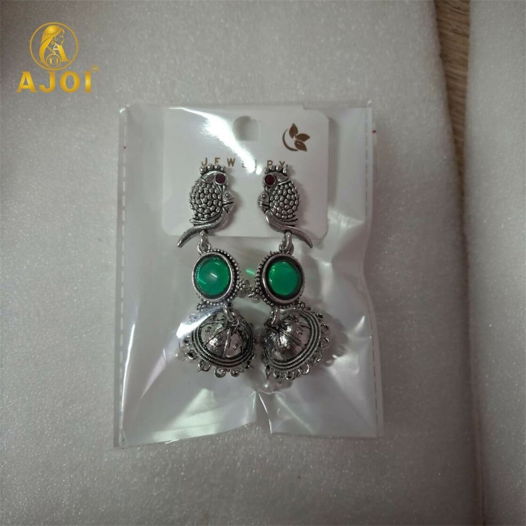 Peacock Jhumka Earrings – Antique Silver with Emerald & Pearls