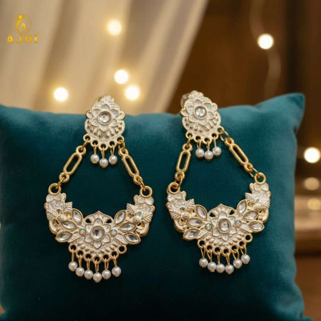 Chandbali Earrings – Antique Gold with White Stones & Pearls