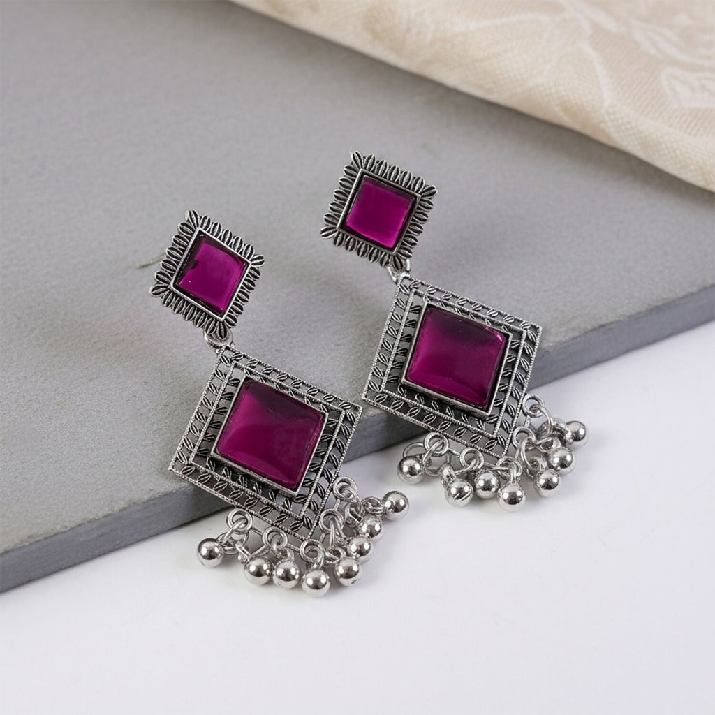 Oxidised Indian Dangler Earrings – Red Square Monalisa Stones