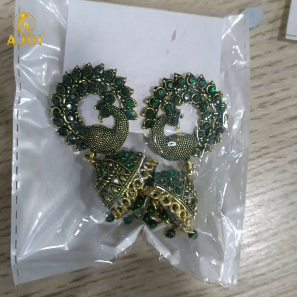Peacock Jhumka Earrings – Emerald Green Stones & Antique Gold
