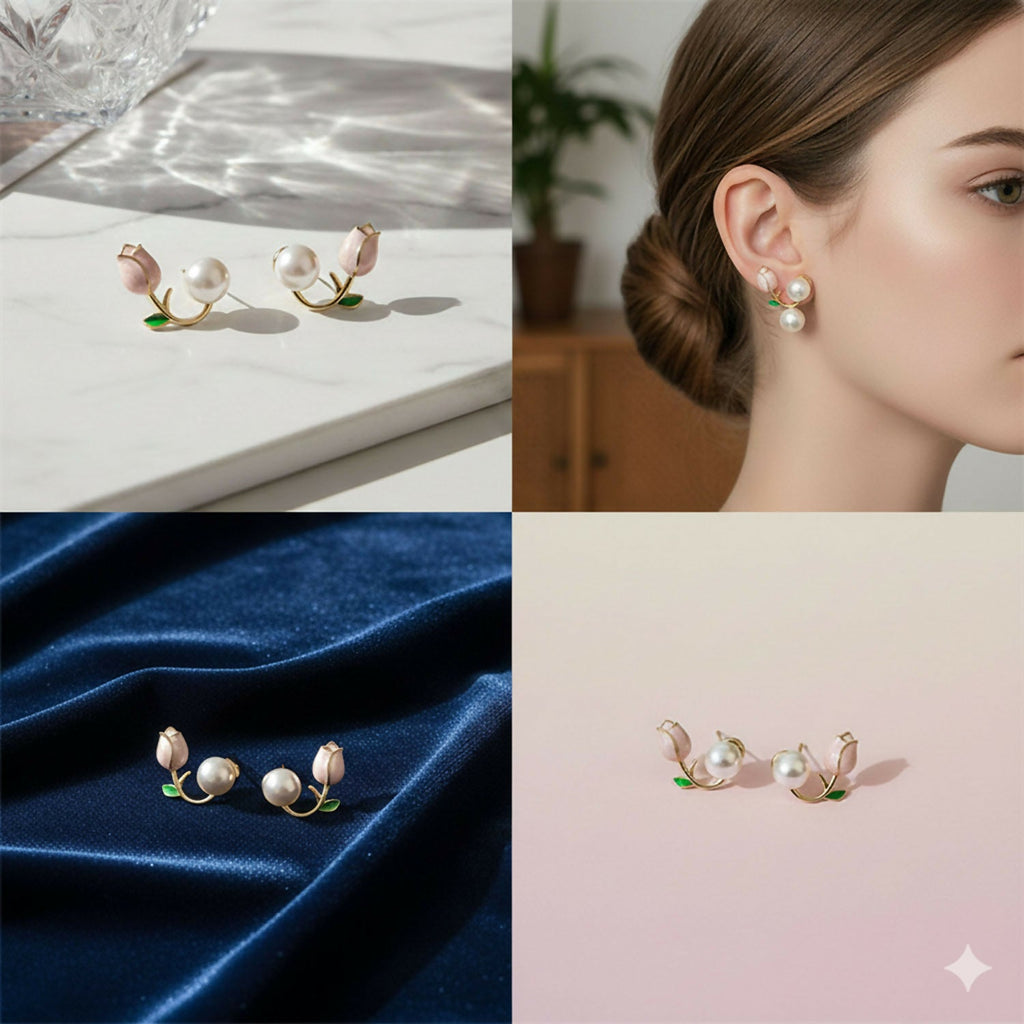 Korean Style Earrings – Dainty Enamel Tulip & Round Pearl