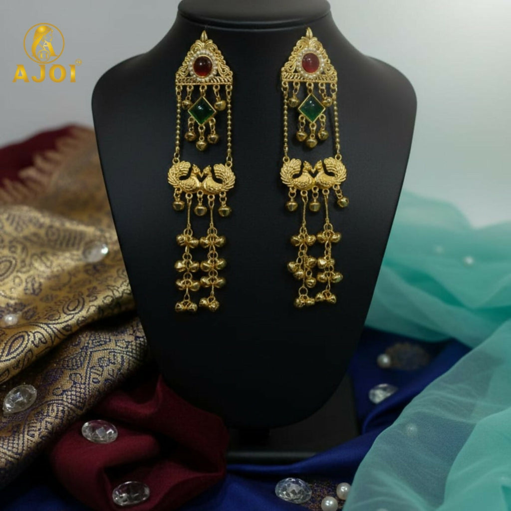 Kashmiri Peacock Jhumka Earrings – Royal Red & Green Stones