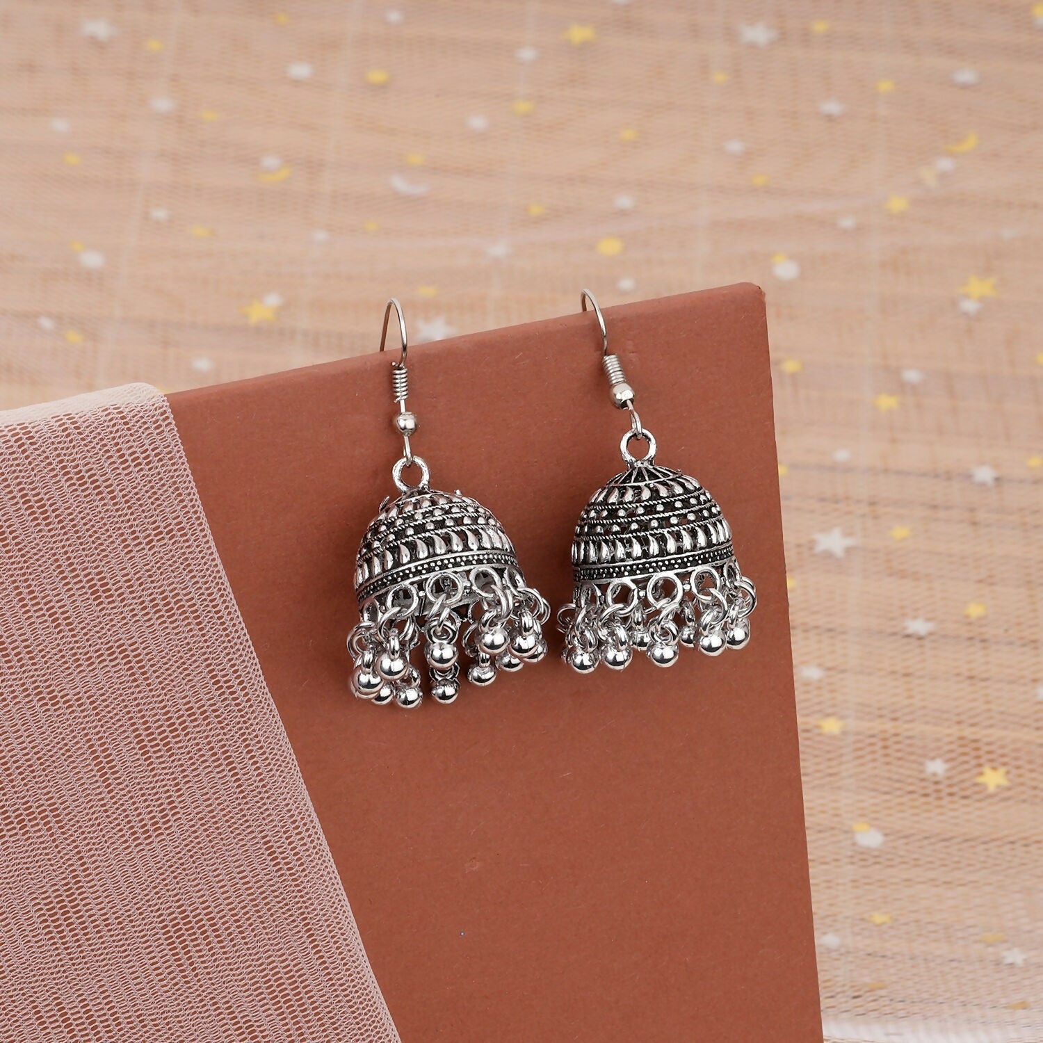 Oxidised Silver Hook Jhumka Earrings – Lightweight Traditional Charm