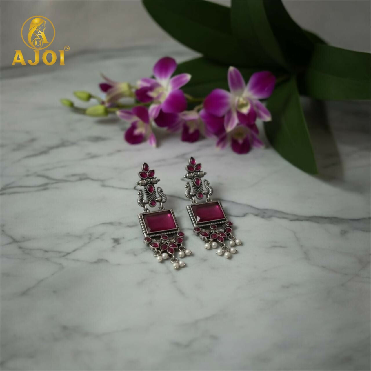 Antique Silver Earrings with Pink Square Beads and Pearl Danglers