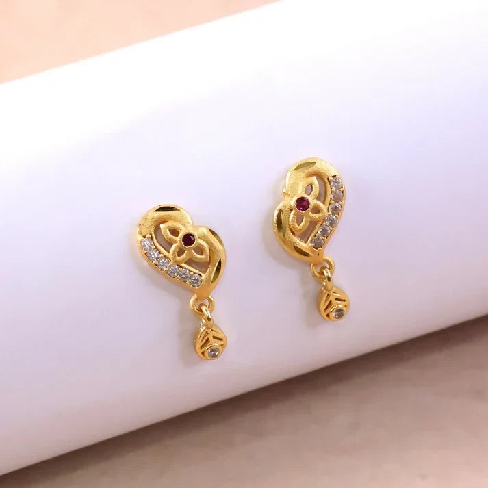 Gold Stud Earrings with Leaf Pattern and Embedded Stones