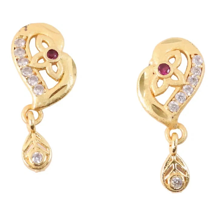 Gold Stud Earrings with Leaf Pattern and Embedded Stones