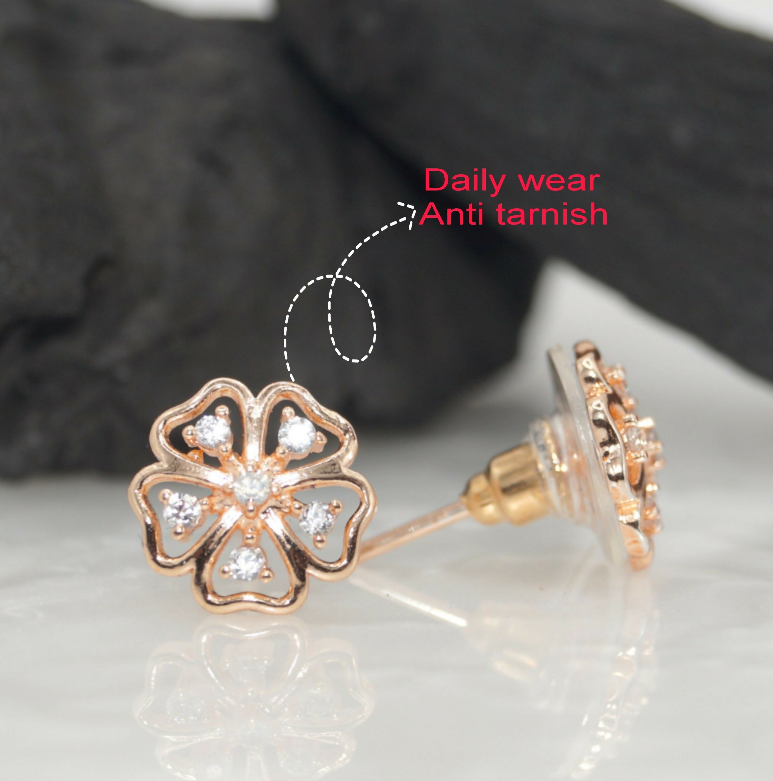 Rose Gold Floral Stud Earrings – Elegant Sparkling Cubic Zirconia