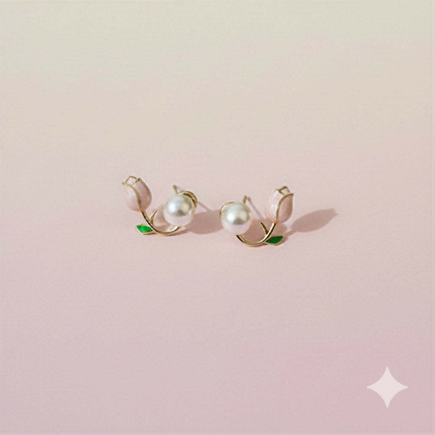 Korean Style Earrings – Dainty Enamel Tulip & Round Pearl