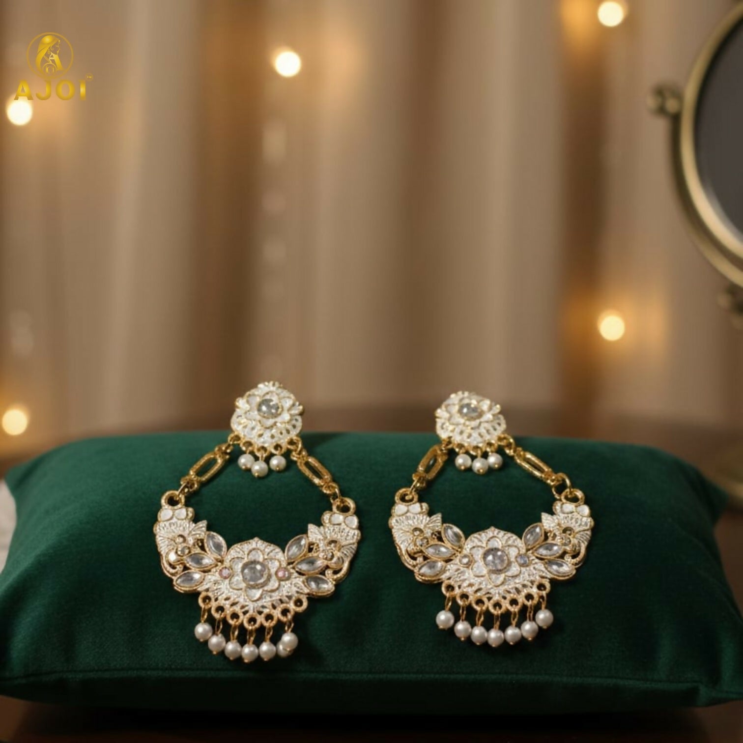 Chandbali Earrings – Antique Gold with White Stones & Pearls