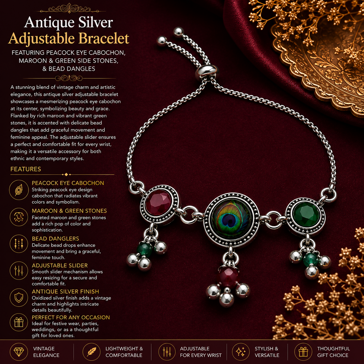 Antique Silver Adjustable Bracelet featuring Peacock Eye Cabochon, Maroon & Green Side Stones, & Bead Dangles