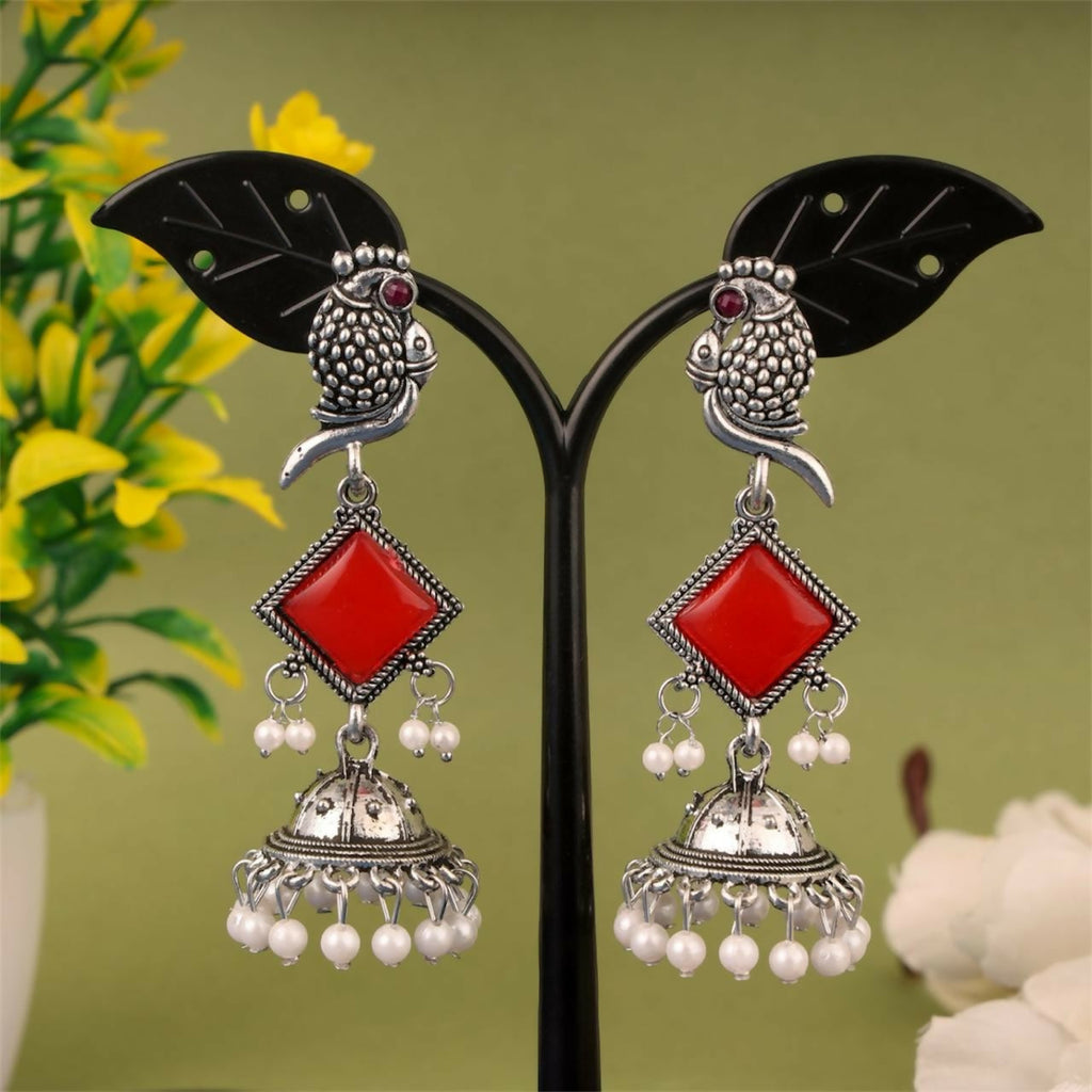 Oxidised Silver Red Stone Jhumka Earrings – Parrot Design Beauty