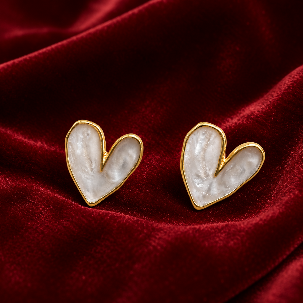 Pearl Heart Stud Earrings – Elegant Gold-Toned Jewelry for Women
