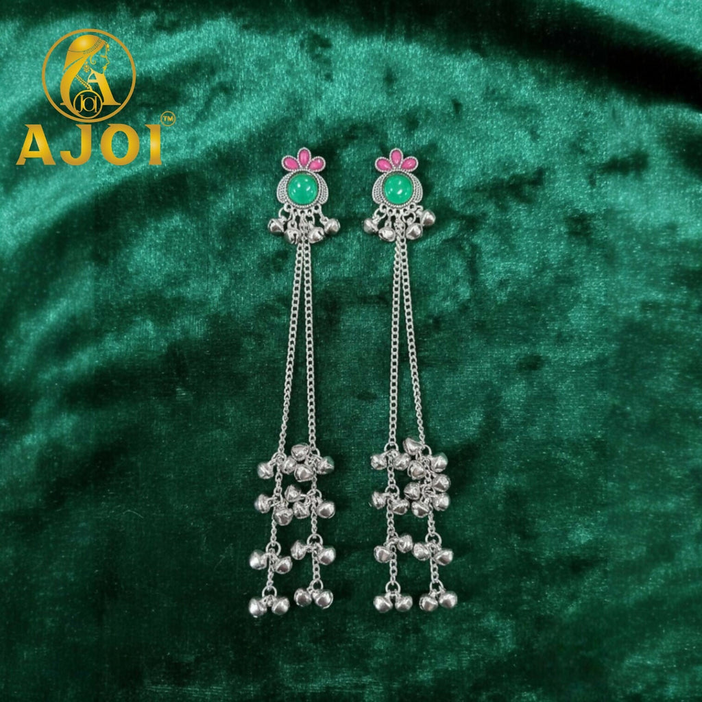Green Stone Silver Ghungroo Chain Earrings – Regal Elegance