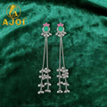 Green Stone Silver Ghungroo Chain Earrings – Regal Elegance