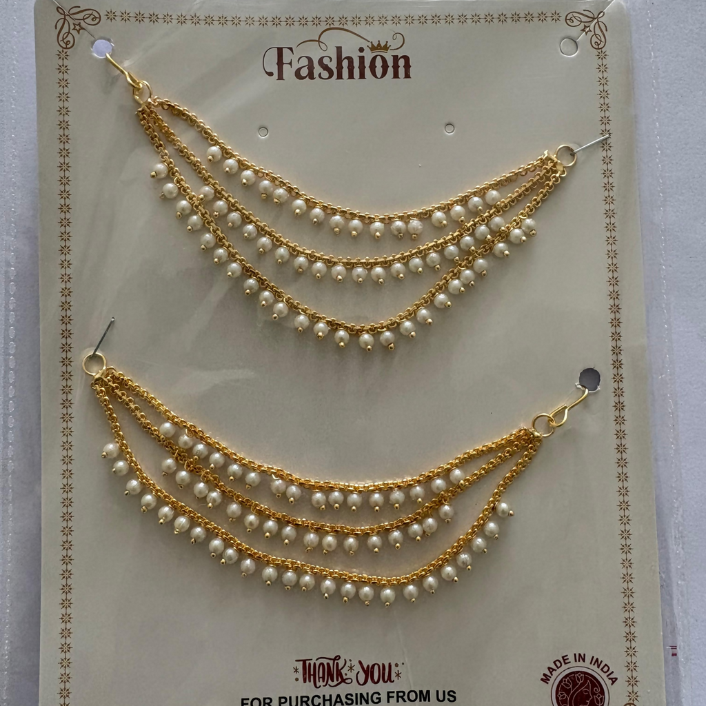 Gold Plated Ruby Emerald Stone Ear Chain – Traditional 3 Layer Drop Jewellery