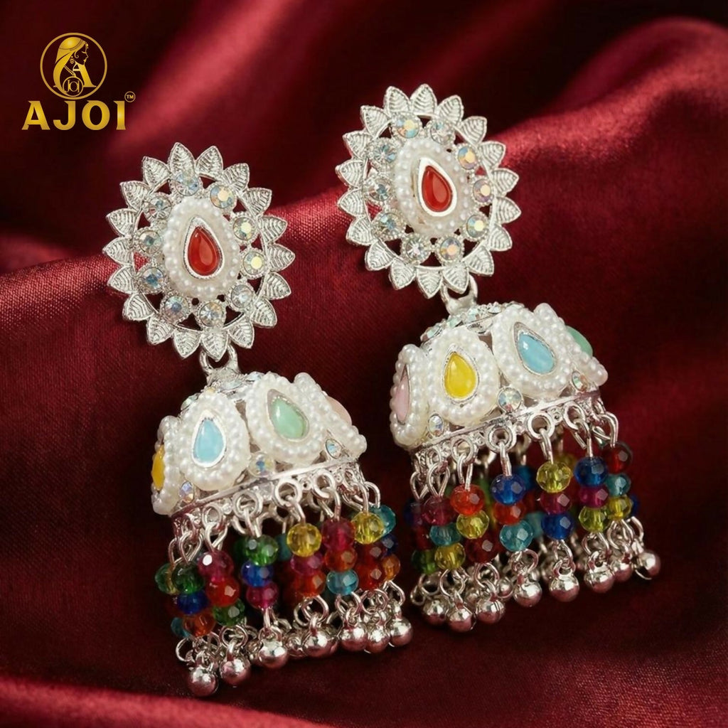Silver Kundan Jhumka Earrings – Multicolor Tassels & Pearl Accents