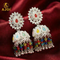 Silver Kundan Jhumka Earrings – Multicolor Tassels & Pearl Accents