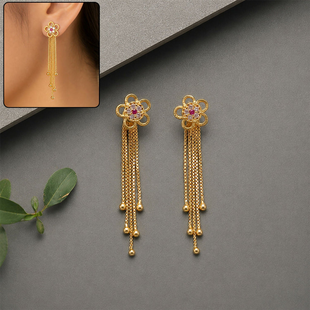 Gold Flower Dangle Earrings – Ruby Gemstone Tassel Design for Women