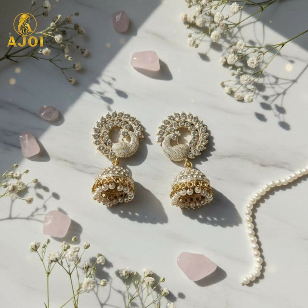White Stone Pearl Jhumka Earrings – Elegant Festive Jewellery