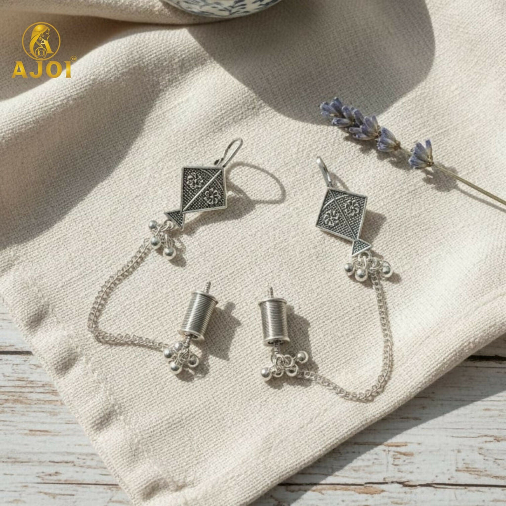 Oxidised Silver Earrings – Kite Design with Chain & Ghungroo