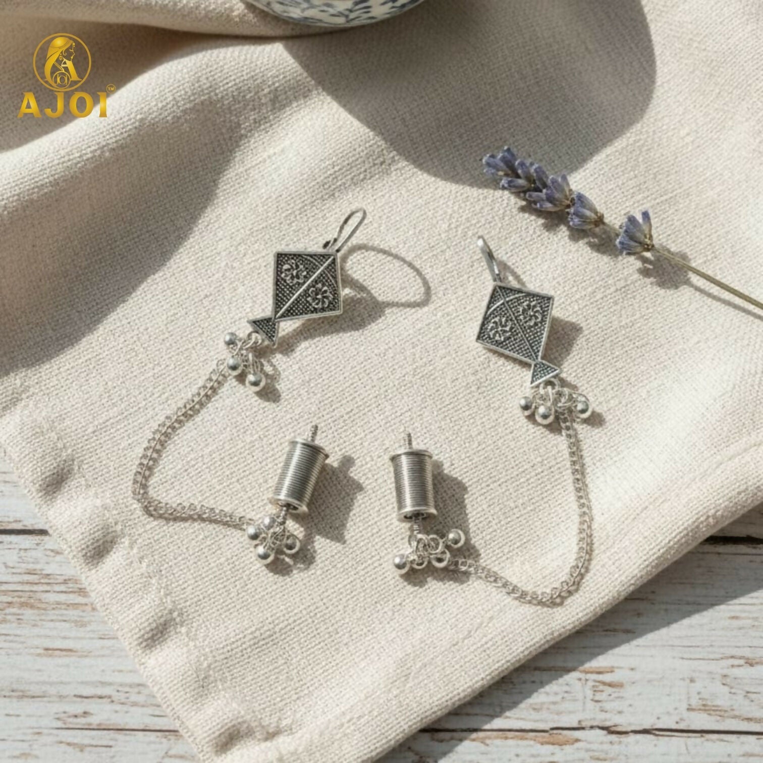 Oxidised Silver Earrings – Kite Design with Chain & Ghungroo