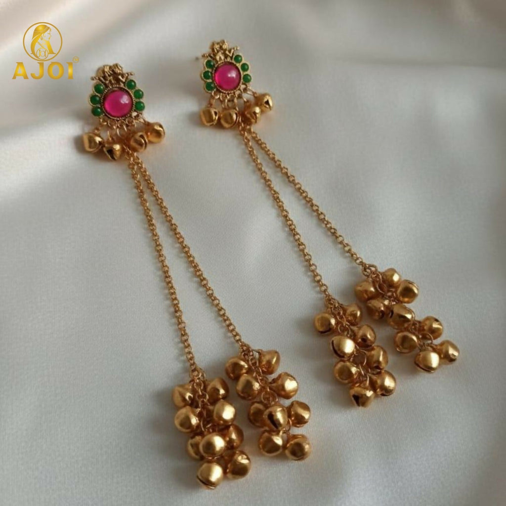 Kashmiri Gold-Plated Ear Cuff Chain Earrings – Ruby & Emerald Stones