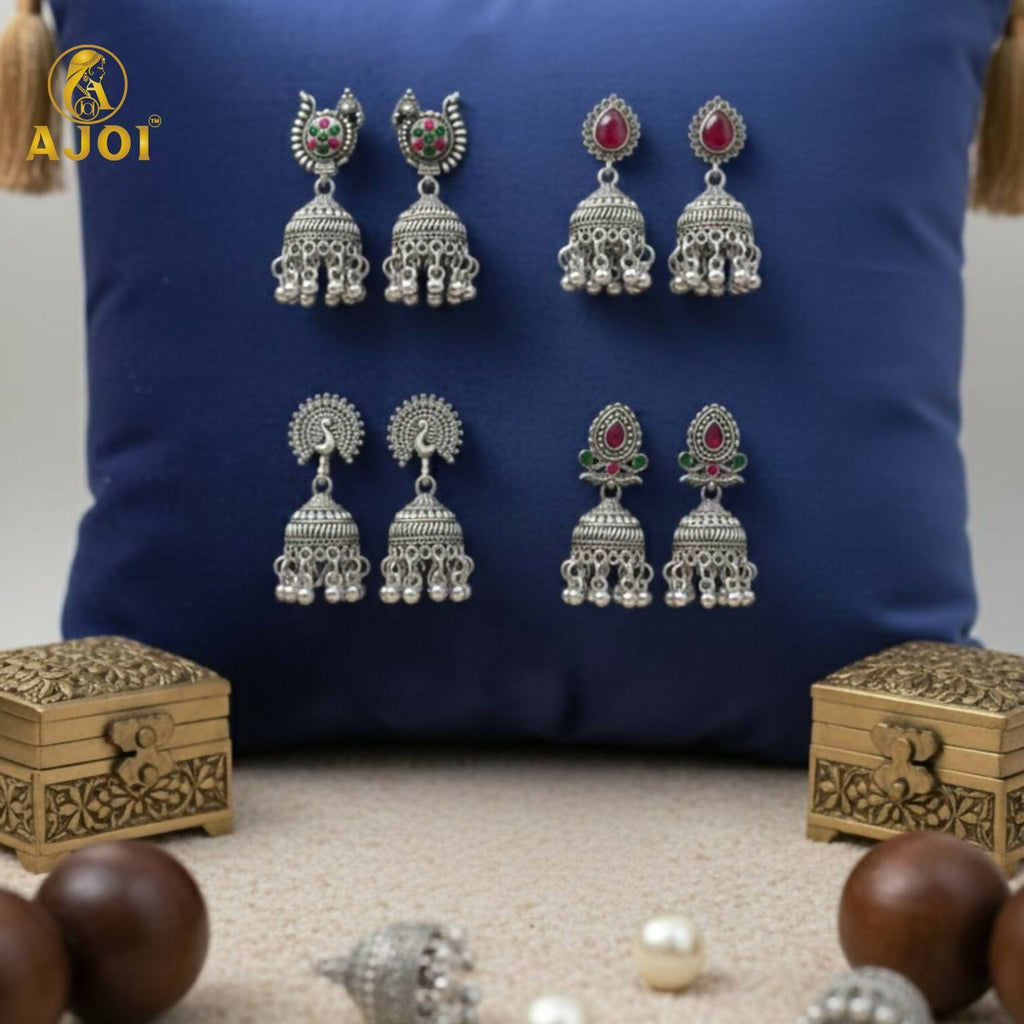 Oxidised Silver Jhumka Earrings Set – 4 Pairs with Intricate Stone Detailing