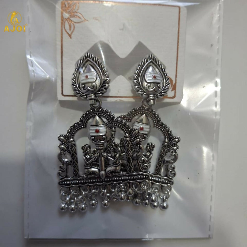 Oxidized Silver Temple Earrings – White Pearl Traditional Charm