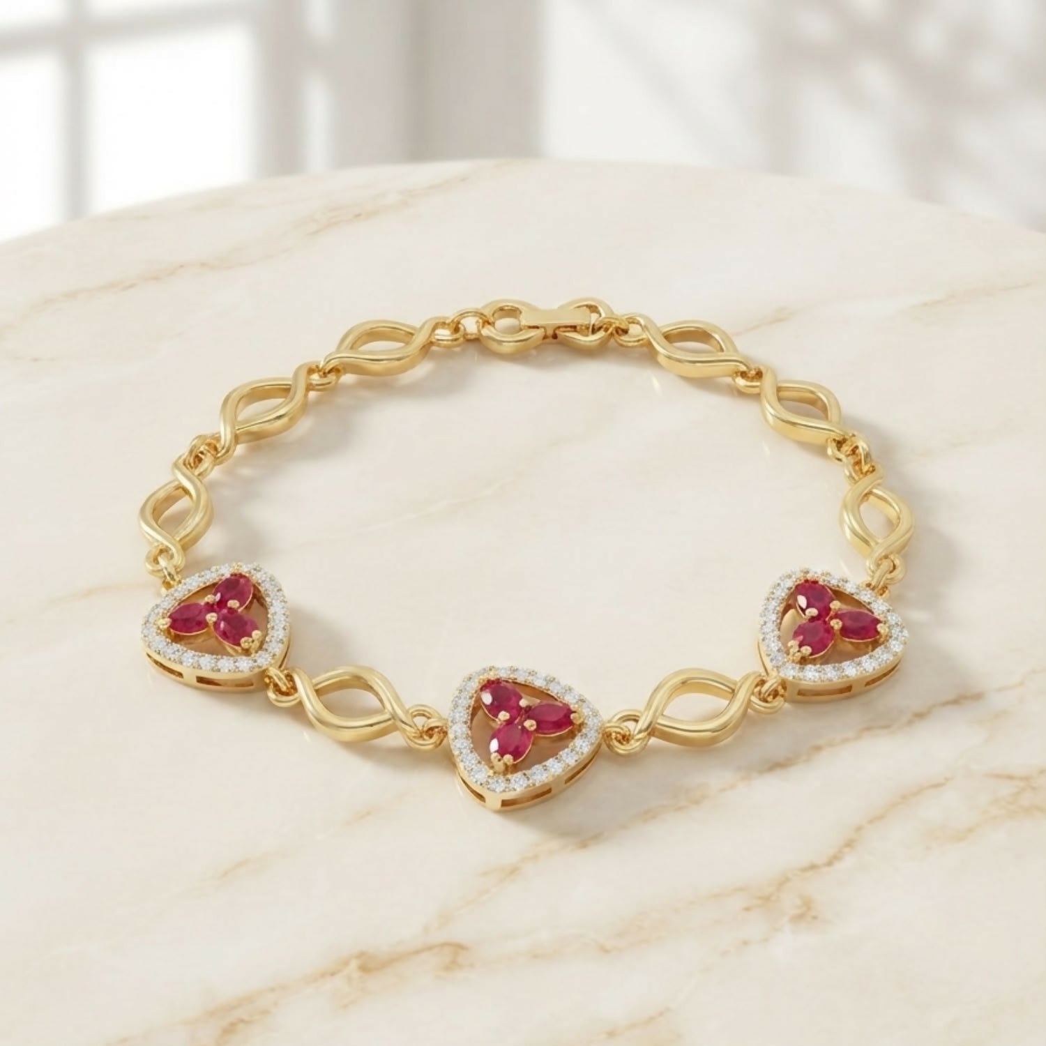 Pink Stone Clover Triangle Bracelet with Crystal Halo and Gold-Tone Links for Women