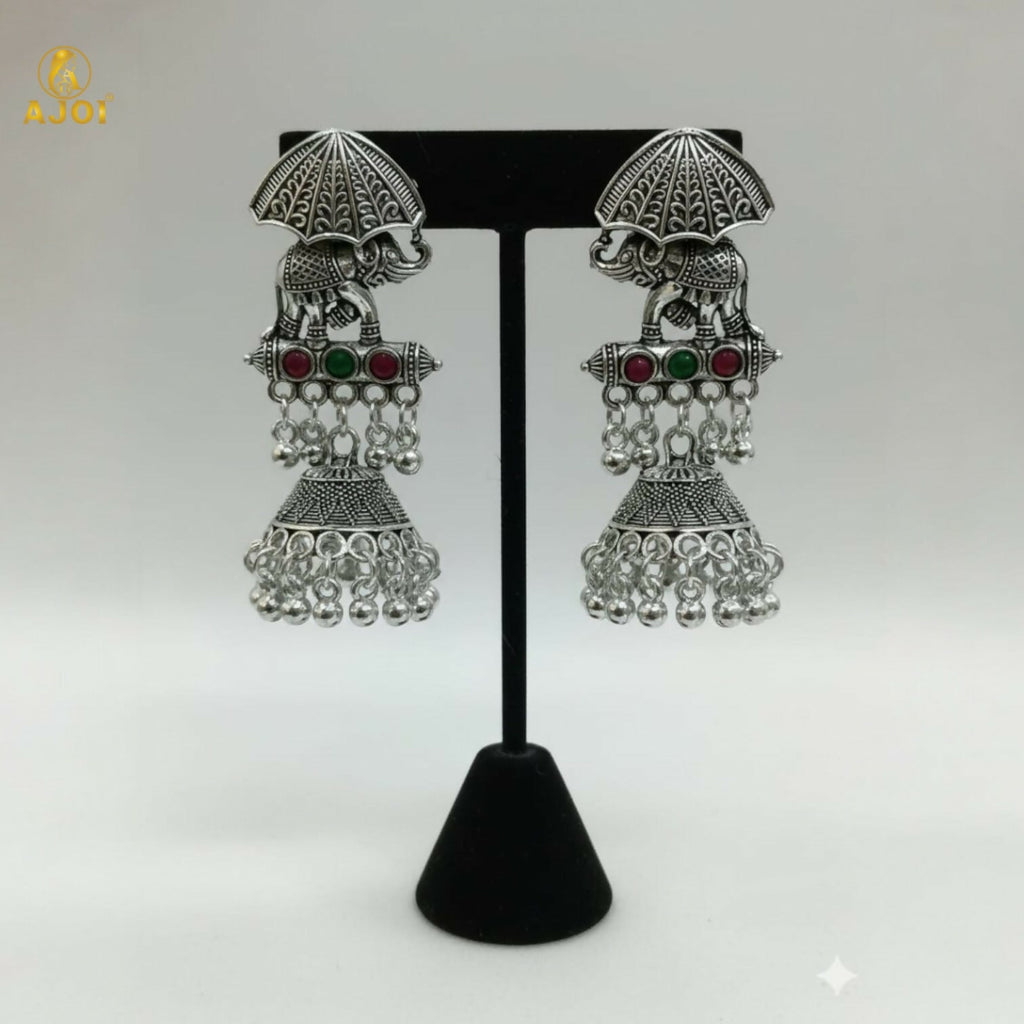 Elephant Motif Oxidized Silver Jhumka Earrings – Royal Heritage