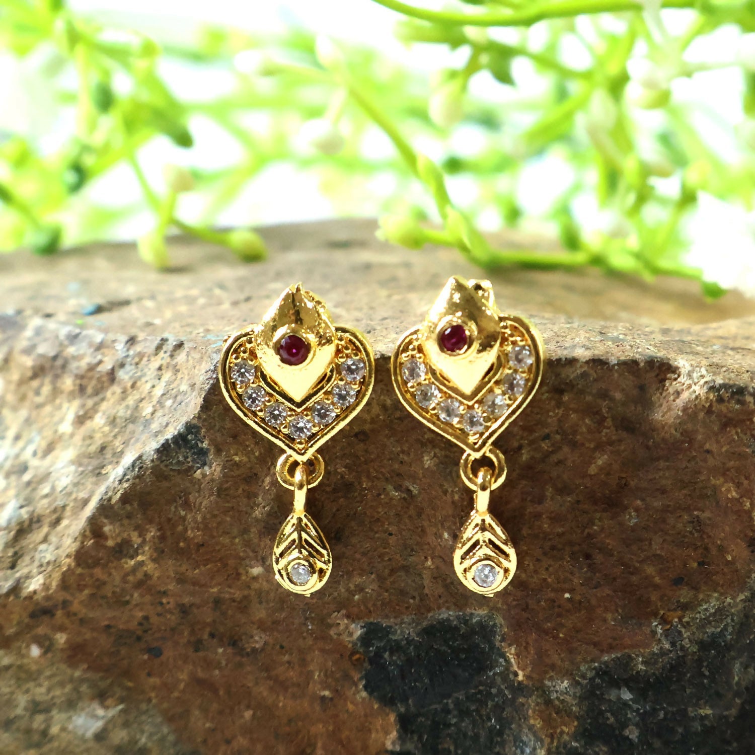 Gold Heart Drop Earrings with Ruby & Crystal Accents – Elegant Design