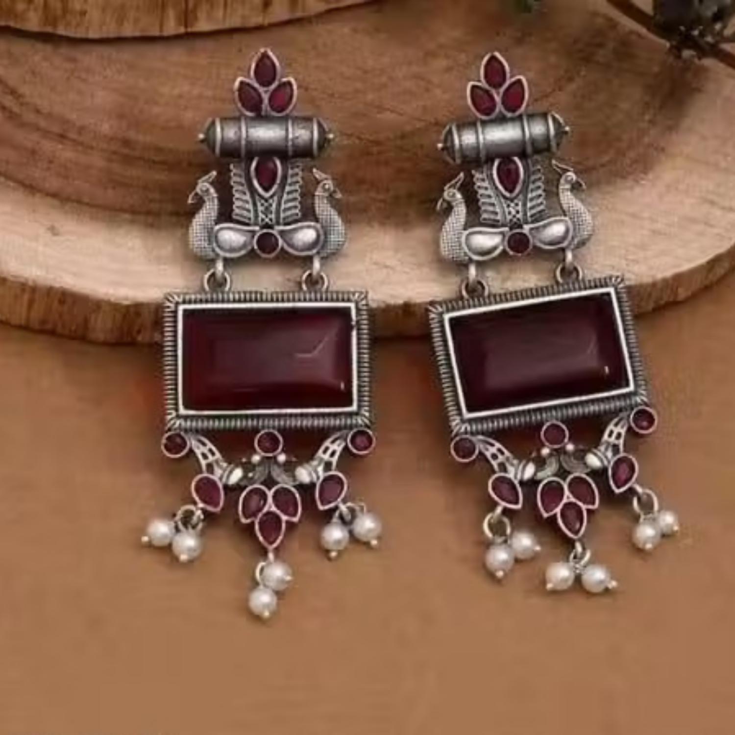 Oxidized Silver Earrings – Traditional Maroon Stone Pearl Drops