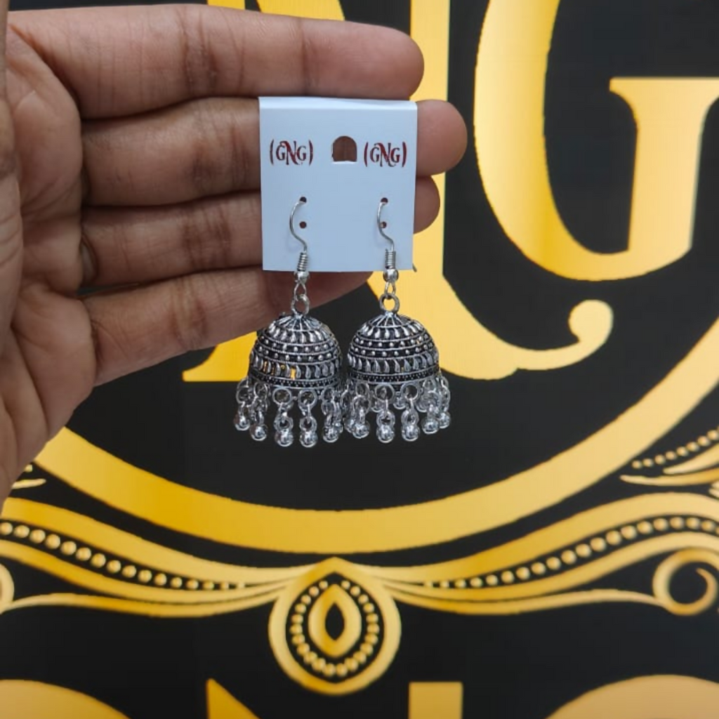 Oxidised Silver Hook Jhumka Earrings – Lightweight Traditional Charm