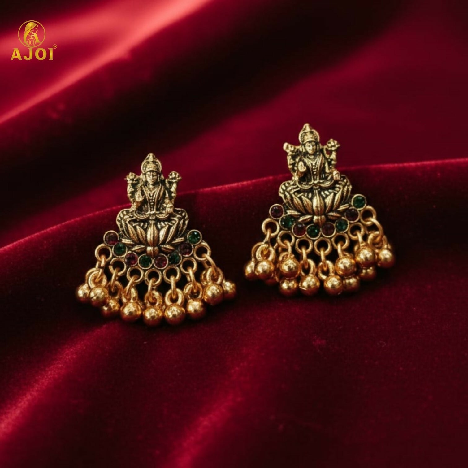 Lakshmi Idol Mini Jhumka Earrings – Antique Gold with Multicolor Stones