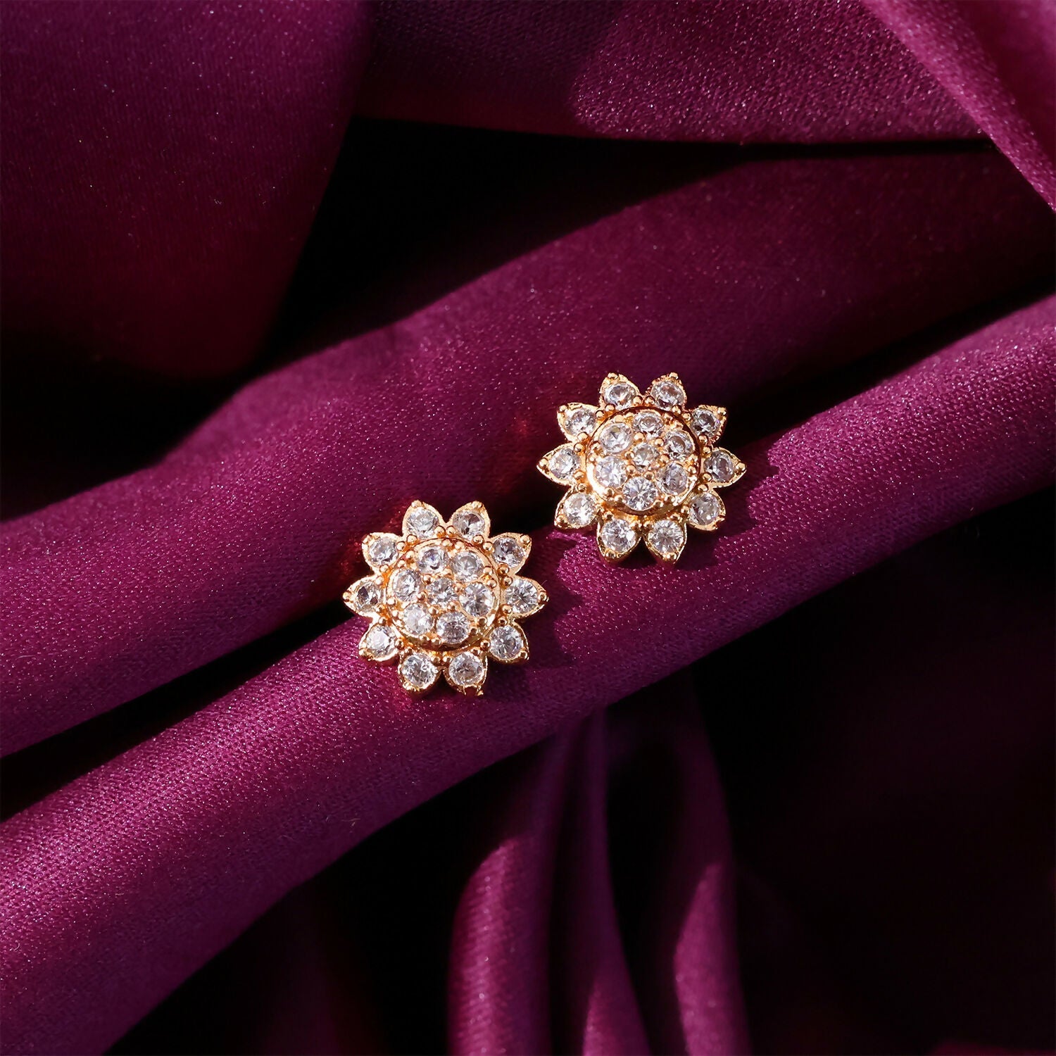 Floral CZ Stud Earrings – Elegant Gold Tone Finish for Women