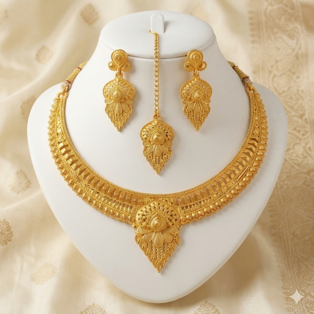 Traditional Gold Plated Haram Necklace Set with Earrings and Maang Tikka for Women