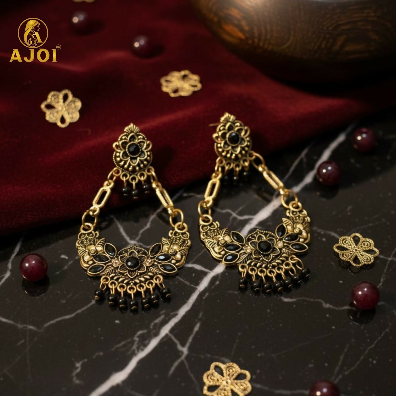 Chandbali Earrings – Antique Gold-Plated Floral with Black Stones