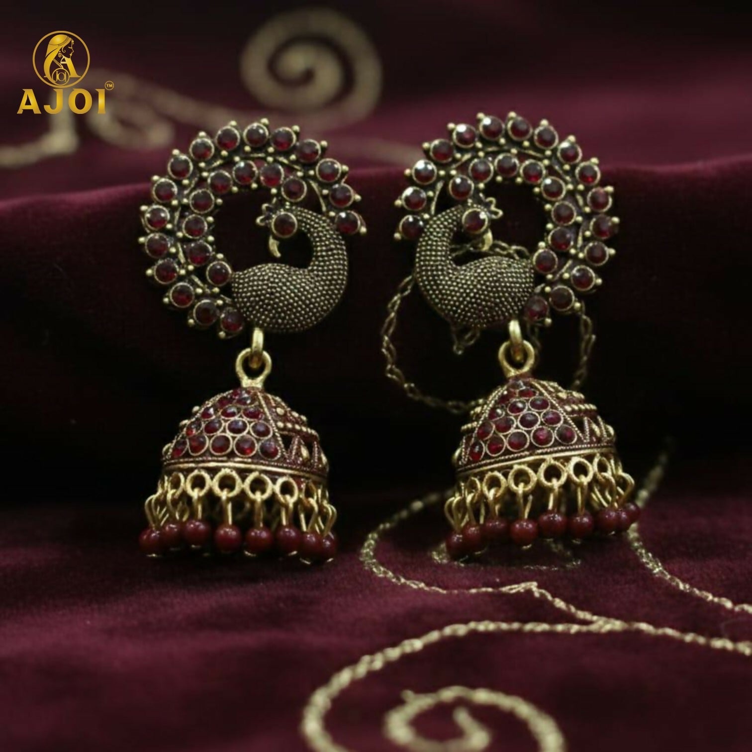 Peacock Jhumka Earrings – Royal Maroon Antique Gold Finish
