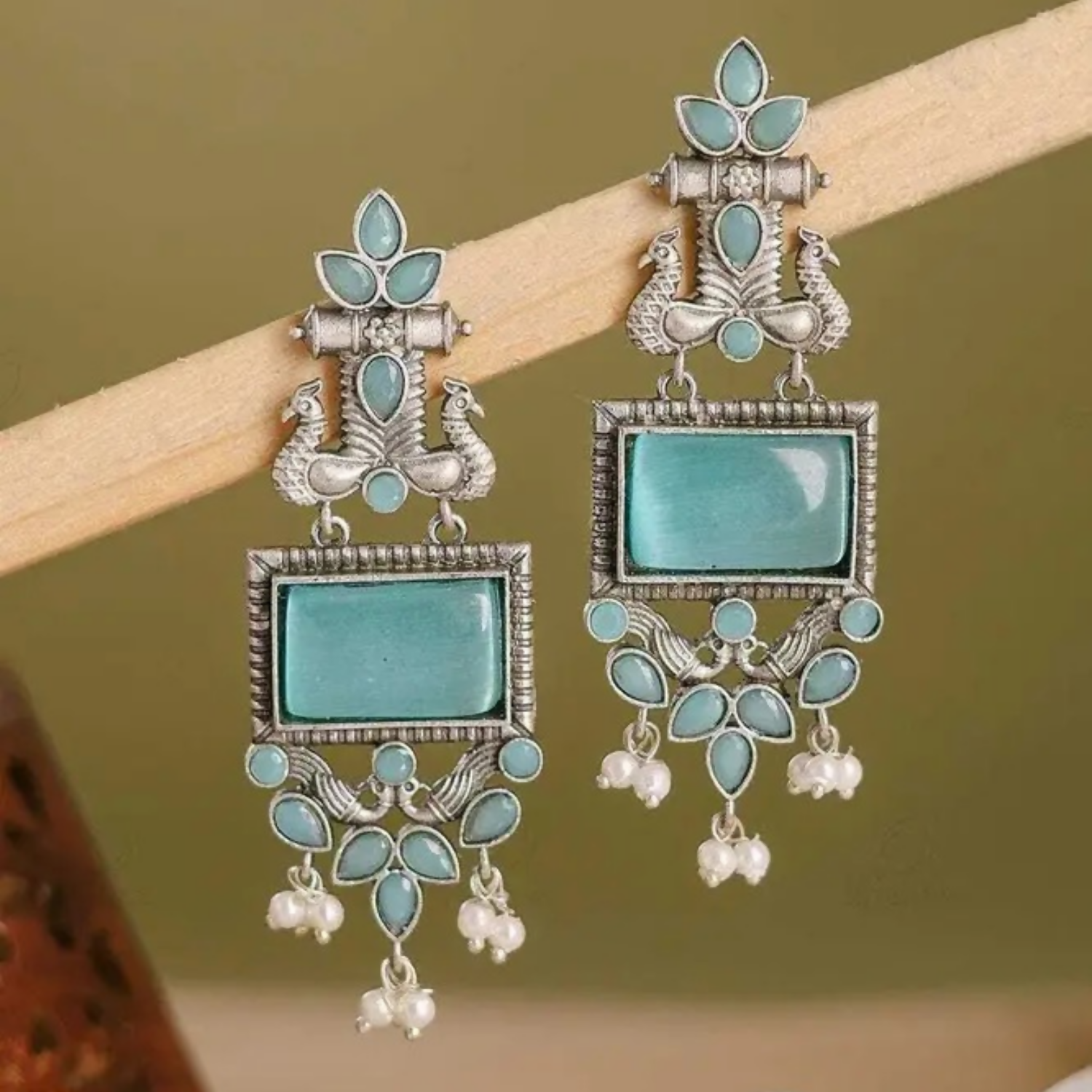 Oxidized Silver Earrings – Blue Stone & Pearl Drop