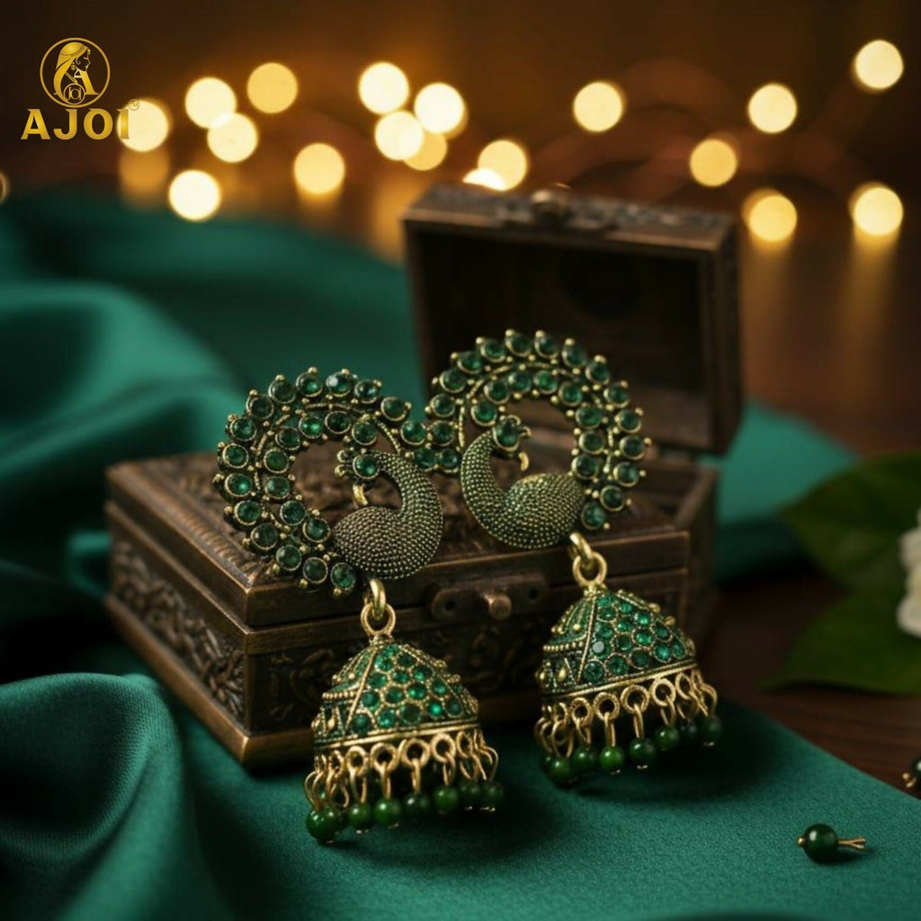 Peacock Jhumka Earrings – Emerald Green Stones & Antique Gold