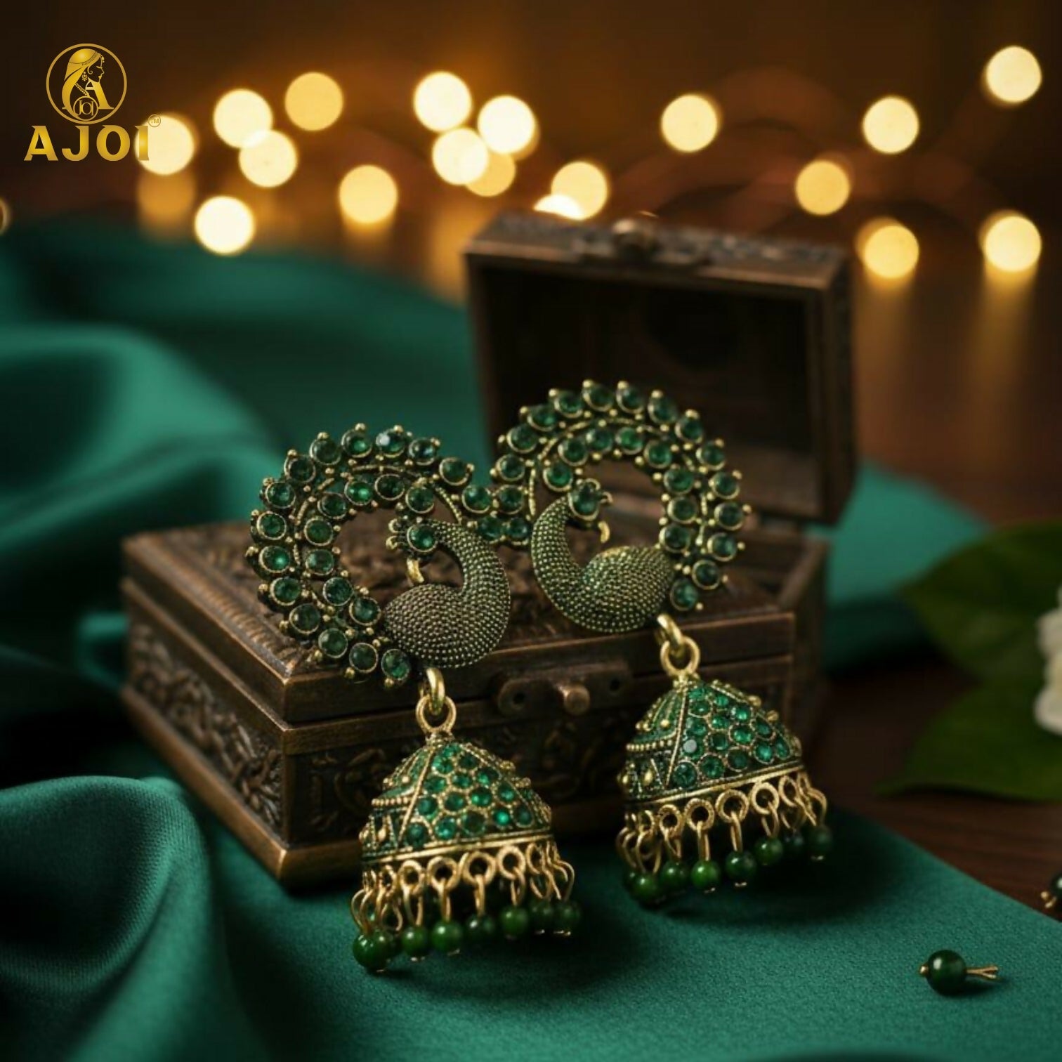 Peacock Jhumka Earrings – Emerald Green Stones & Antique Gold