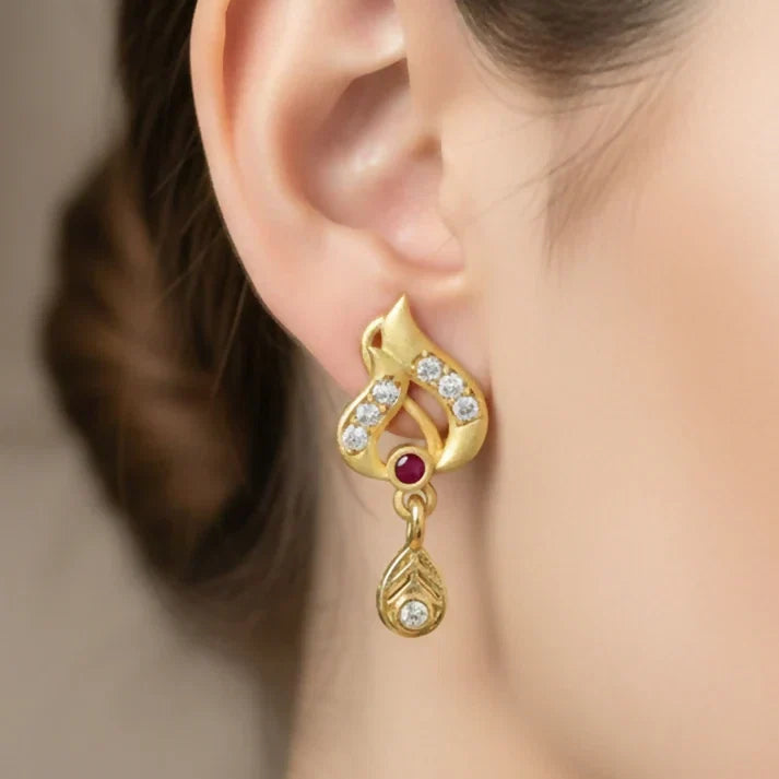 Gold Tone Leaf Earrings with Ruby Accent and Hanging Drop