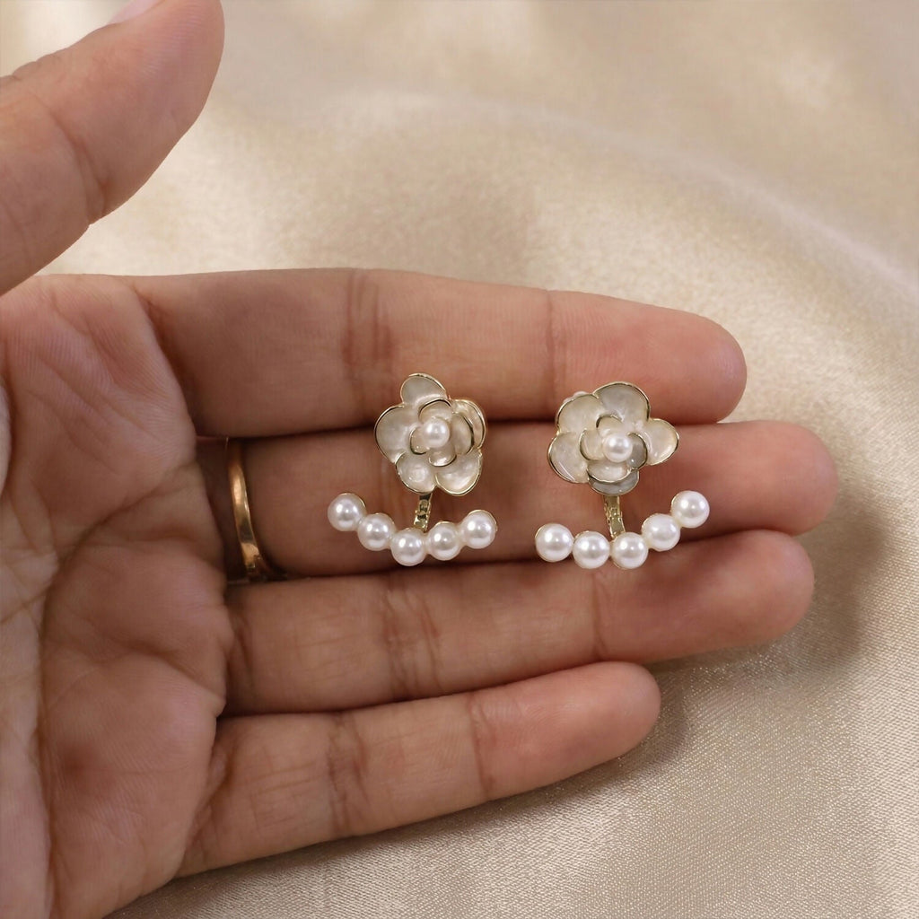 White Camellia Rose Pearl Ear Jackets – Elegant Korean Earrings