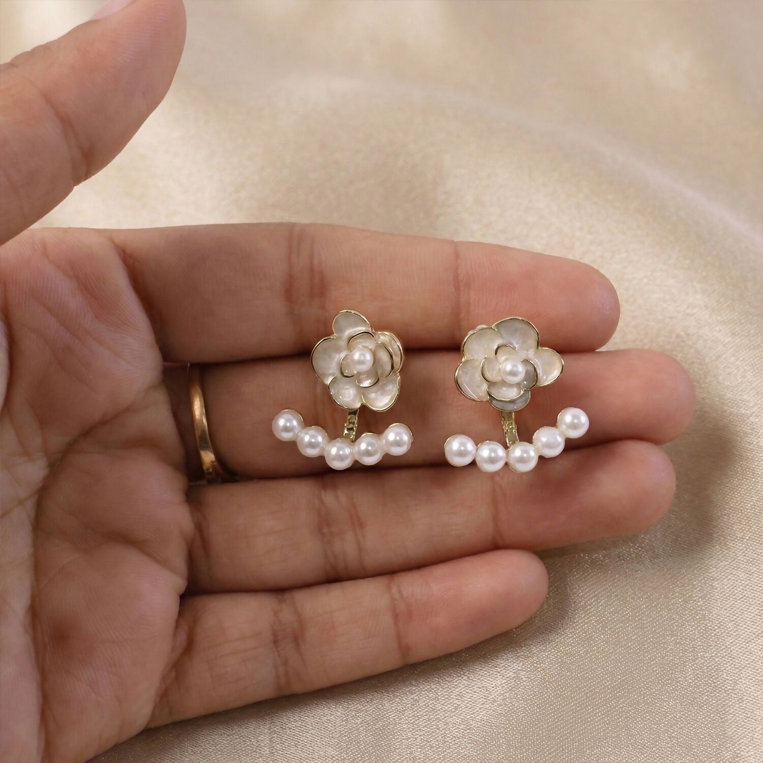 White Camellia Rose Pearl Ear Jackets – Elegant Korean Earrings