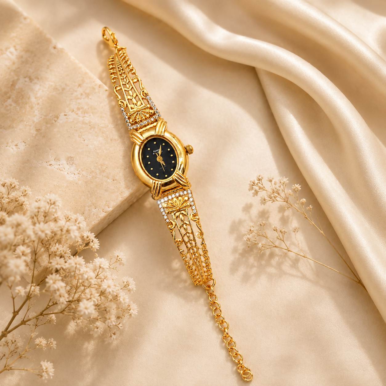 Luxury Gold Tone Floral Crystal Bracelet Watch for Women Black Dial Designer Wrist Watch