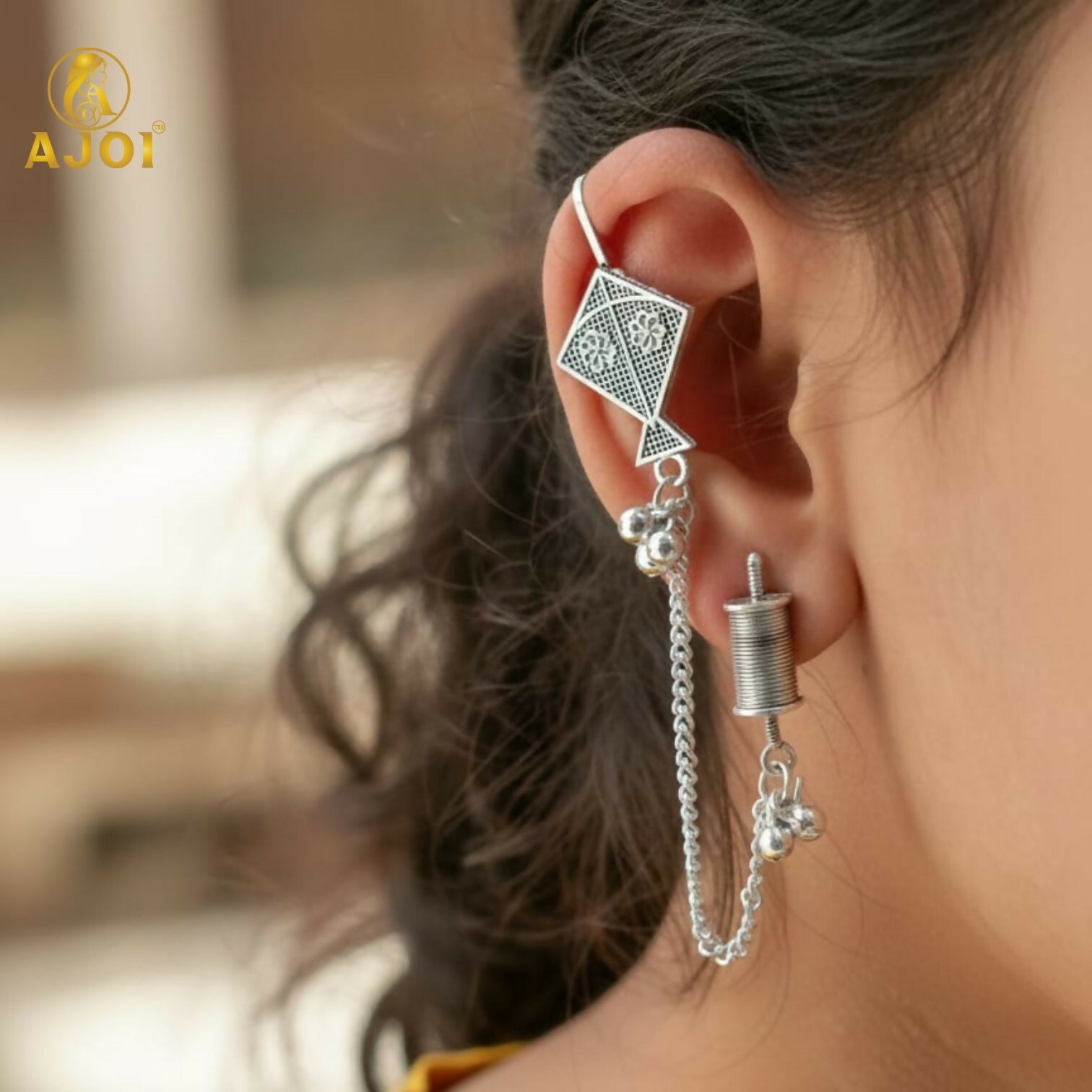Oxidised Silver Earrings – Kite Design with Chain & Ghungroo
