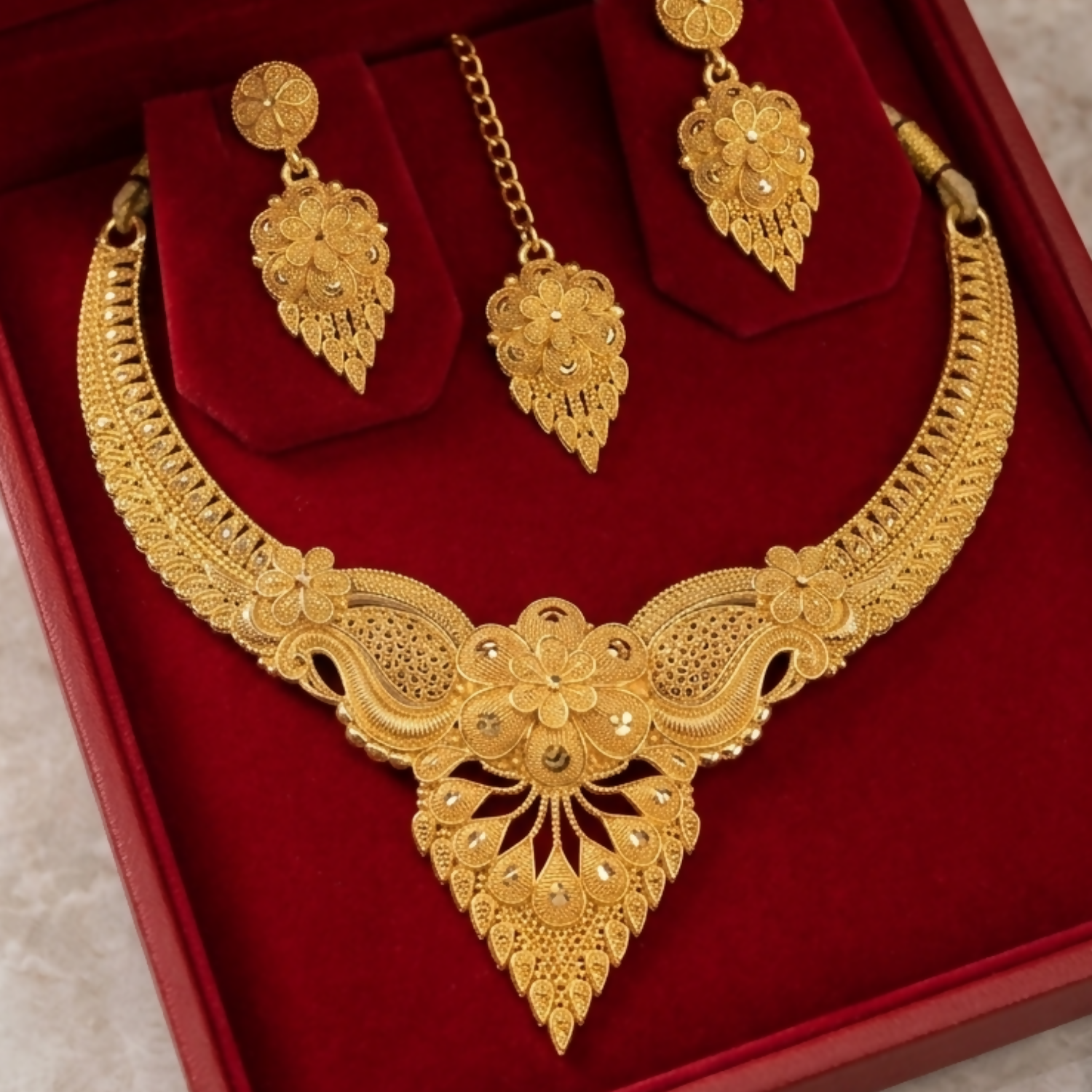Gold Plated Bridal Necklace Set with Earrings and Maang Tikka Traditional Jewellery