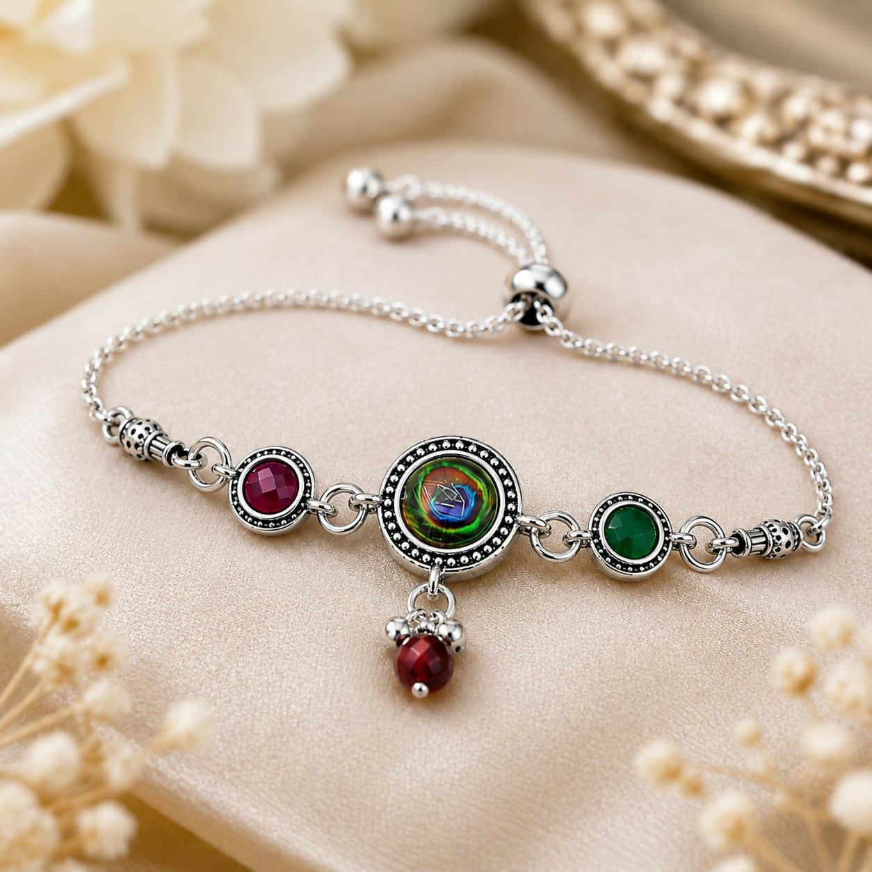 Antique Silver Adjustable Bracelet featuring Peacock Eye Cabochon, Maroon & Green Side Stones, & Bead Dangles