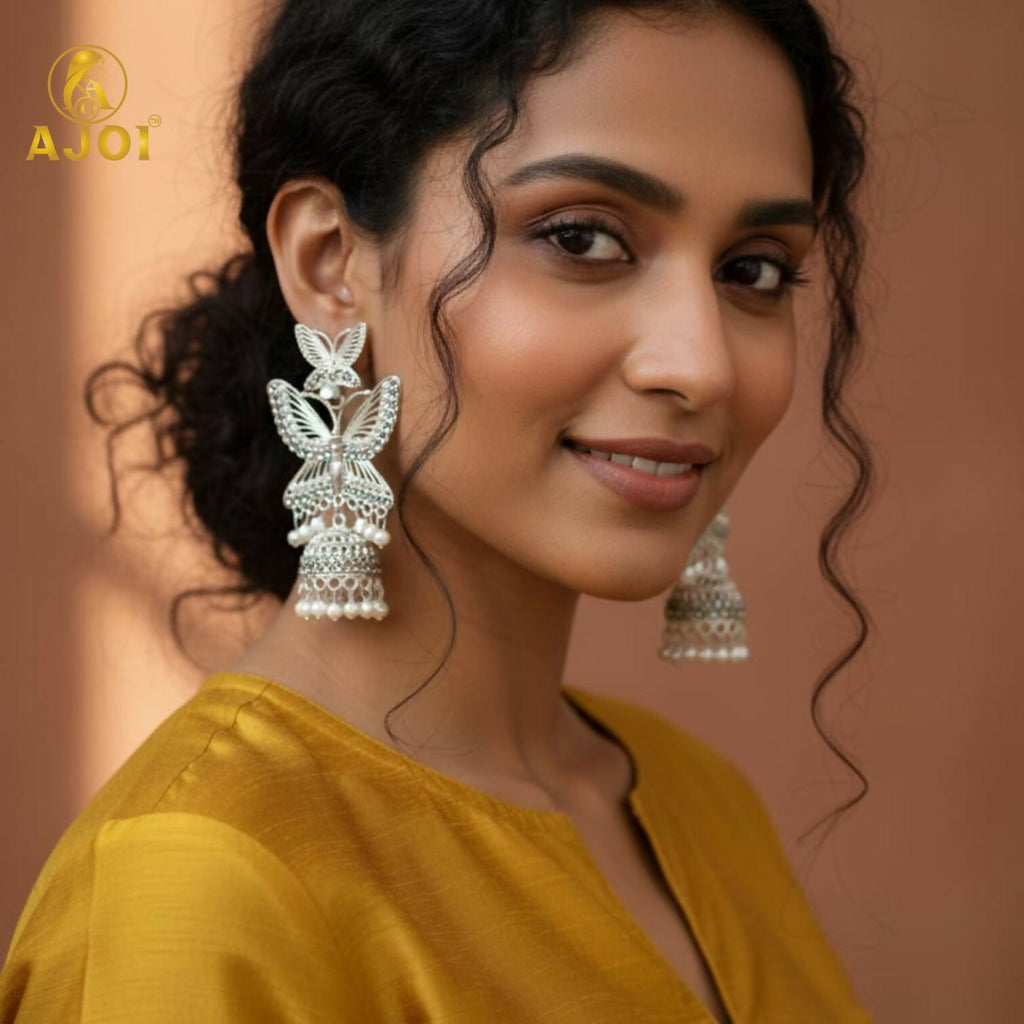 Butterfly Designer Jhumka Earrings – Silver Plated with Pearl Drops